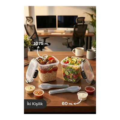 Vienev 2'li Kilitli Kapak 1075ml Yemek Saklama Kabı - Sosluk Ve Kaşık Setli Pratik Öğün Kabı