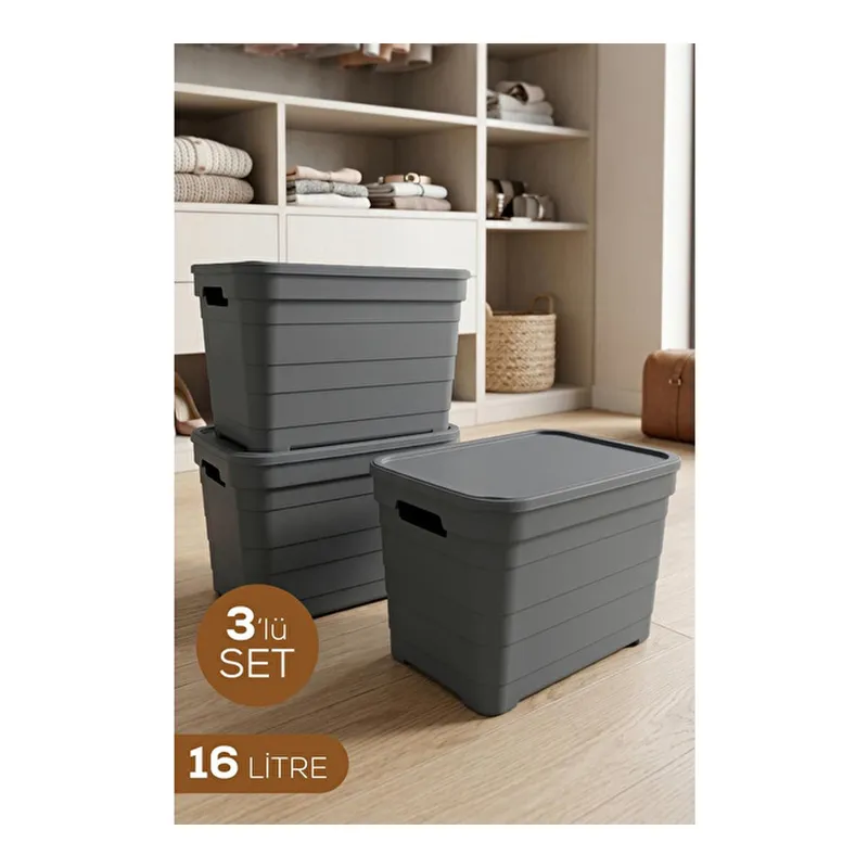 Vienev 3'lü 16 Lt Antrasit Kapaklı Saklama Kutusu Çok Amaçlı Organizer | Eşya Düzenleyici, görsel 1