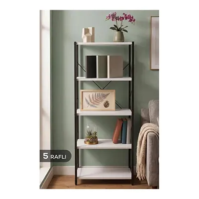Vienev 5 Raflı Metal Dolap - Metal Ve Ahşap Kitaplık, Mutfak Rafı 150x60 Siyah-beyaz