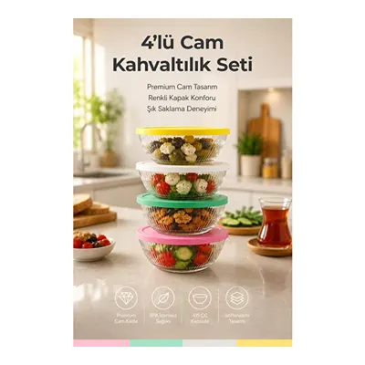 Vienev 4'lü Renkli Kapaklı Cam Kase Seti 415 Cc - Kahvaltılık Saklama Kabı