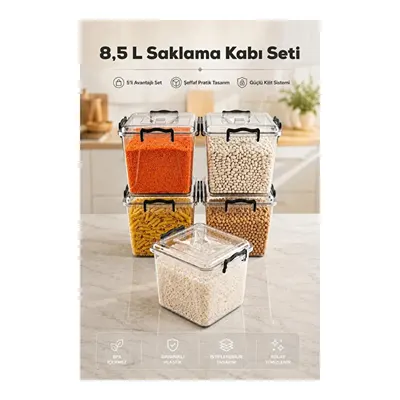 Vienev 8.5 Lt Şeffaf Plastik Erzak Saklama Kabı 5'li Set - Kapaklı Kilitli Çok Amaçlı Düzenleyici