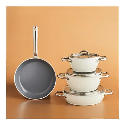 x Refika Swiss Crystal Creamy Metal Kulplu 7 Parça Tencere ve Tava Seti Krem