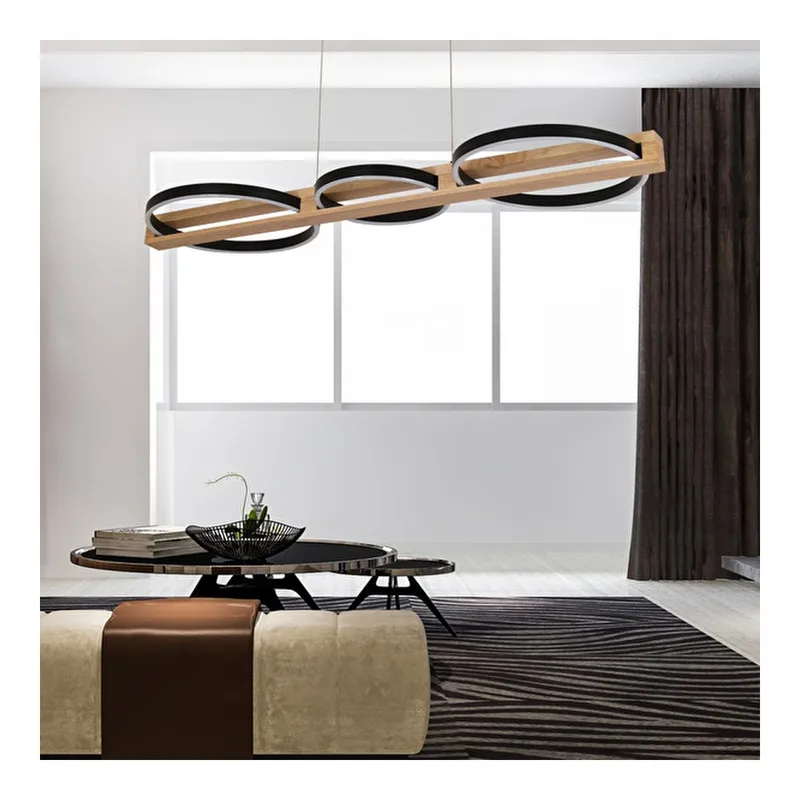 Apliqa Almina 36 Watt Siyah Yuvarlak Sıralı Ahşap Desenli Modern Salon Led Sarkıt Avize, görsel 1