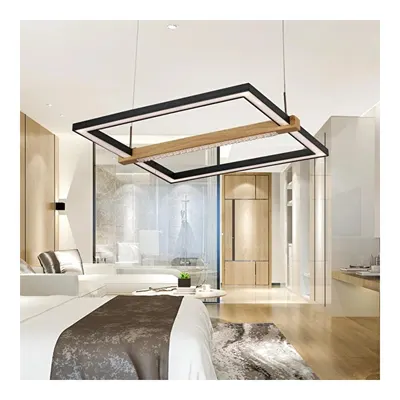 Apliqa April Siyah Kare 58 Watt Ahşap Desenli Modern Salon Led Sarkıt Avize
