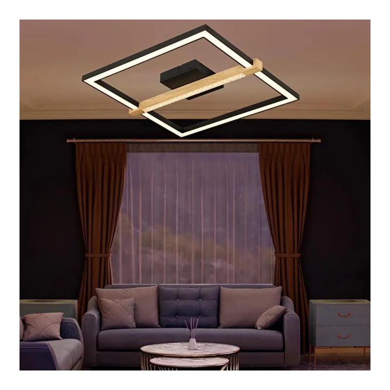 Apliqa April Siyah 58 Watt Plafonyer Kare Ahşap Desenli Modern Salon Led Avize, görsel 1