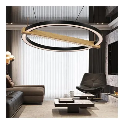 Apliqa April Siyah 58 Watt Yuvarlak Ahşap Desenli Modern Salon Led Sarkıt Avize