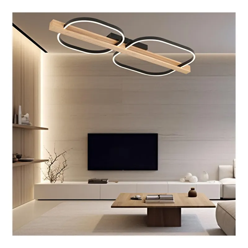 Apliqa Asrın Siyah 2'li Kare 100 Watt Plafonyer Ahşap Desenli Modern Salon Led Avize, görsel 1