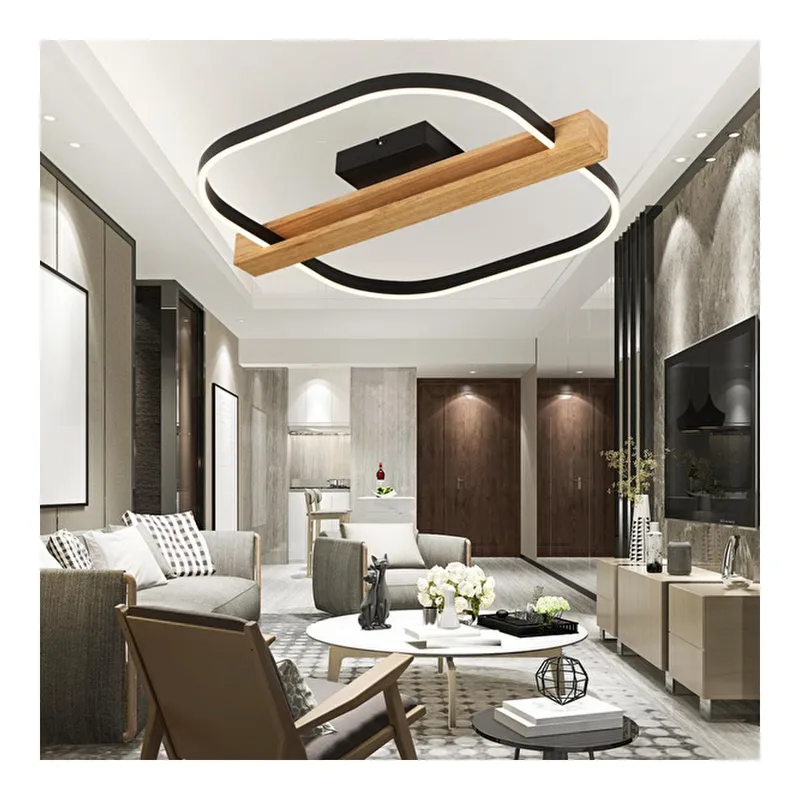 Apliqa Asrın Siyah Tekli Kare 58 Watt Plafonyer Ahşap Desenli Modern Salon Led Avize, görsel 1