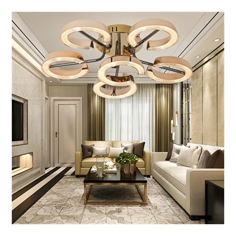 Apliqa Aster Gold 6'lı 54 Watt Plafonyer Kristal Taşlı Modern Salon Led Avize, görsel 1