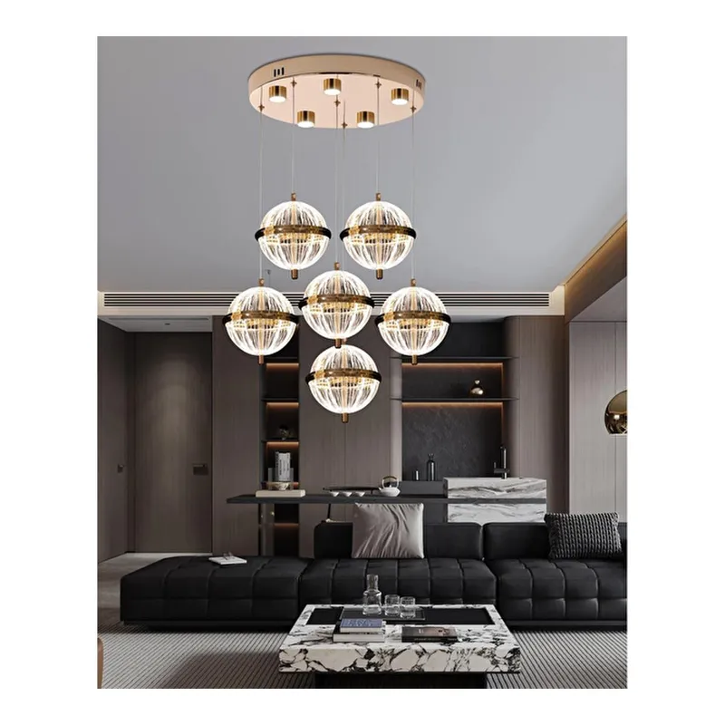 Apliqa Barkın 6'lı 40 Watt Yuvarlak Gold Ledli Modern Salon Avize, görsel 1