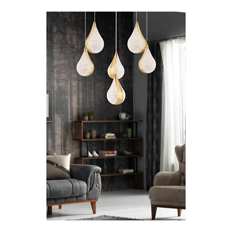 Apliqa Biana 6'lı Yuvarlak Gold Damla Başlıklı Modern Salon Led Avize, görsel 1