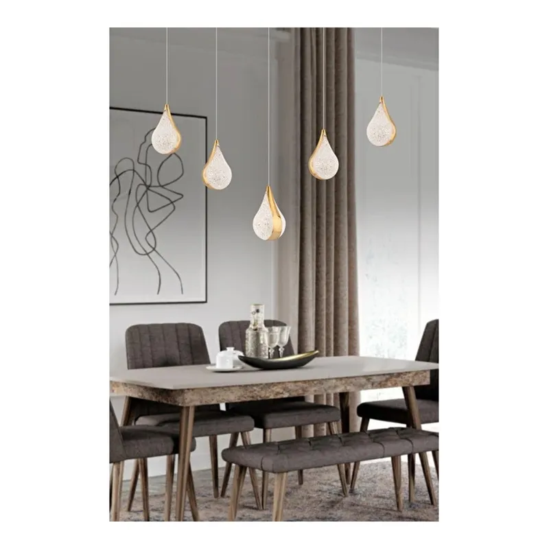 Apliqa Biana 5'li Sıralı Gold Damla Başlıklı Modern Salon Led Avize, görsel 1