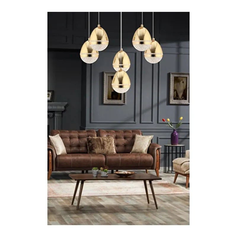 Apliqa Amaya 6'lı Yuvarlak Gold Damla Başlıklı Modern Salon Led Avize, görsel 1