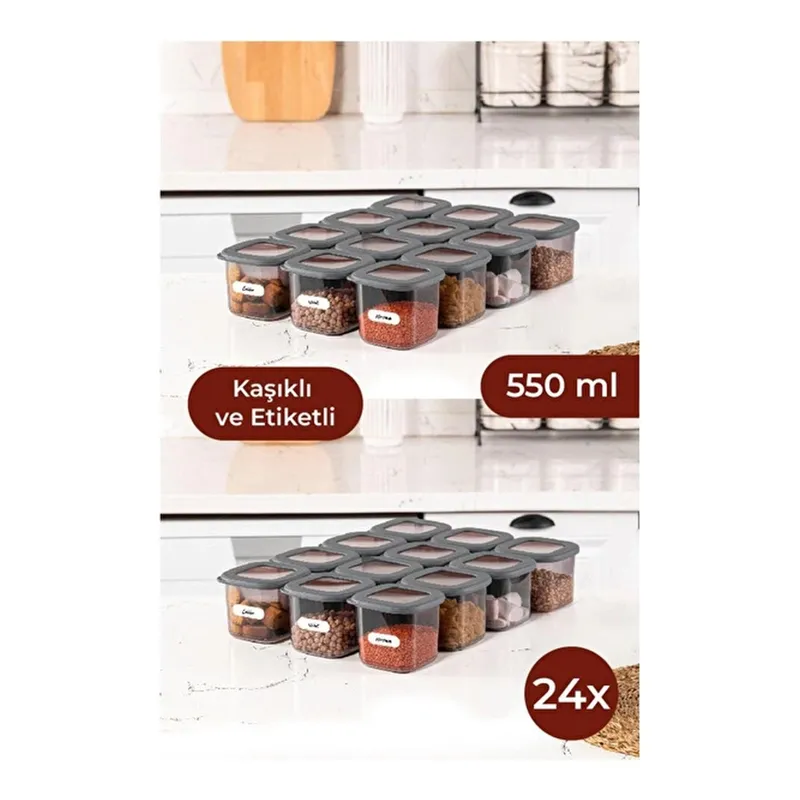 Vienev Etiketli Kaşıklı Foly Kare Erzak Saklama Kabı Seti 24lü 0,55 Küçük Boy Antrasit, görsel 1