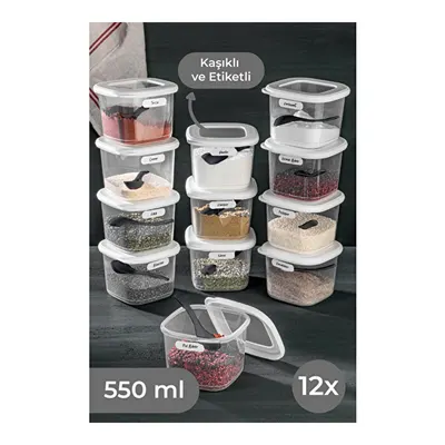 Vienev Foly 12'li Set Küçük Boy 0,55 Litre Etiketli Kaşıklı Kare Erzak Saklama Kabı Beyaz