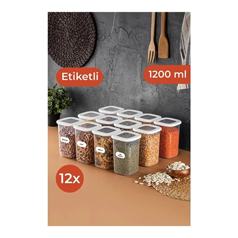 Vienev Beyaz Etiketli 12'li Set Orta Boy 1,2 Litre Kare Erzak Saklama Kabı Beyaz, görsel 1