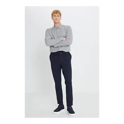 360 Her Yöne Esneyen Slim Fit Dar Kesim Beli Bağlamalı Armürlü Casual Lacivert Pantolon