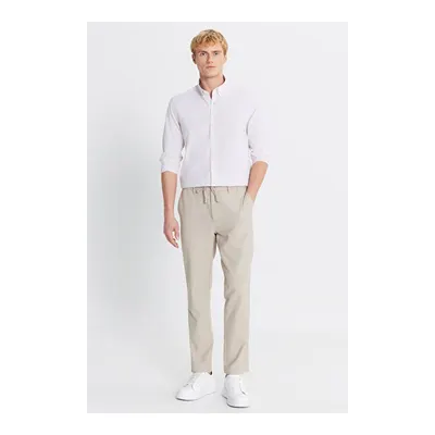 Slim Fit Dar Kesim Beli Bağlamalı Yan Cepli Bej Pantolon