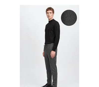 Slim Fit Dar Kesim Beli Bağlamalı Yan Cepli Diagonal Desenli Esnek Casual Antrasit Pantolon