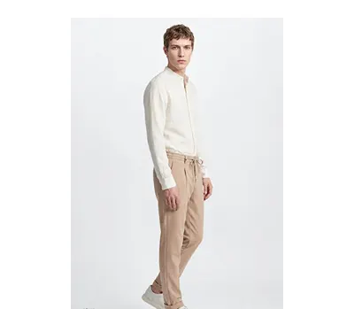 360 Her Yöne Esneyen Pamuklu Slim Fit Dar Kesim Beli Bağlamalı Yan Cepli Casual Vizon Pantolon