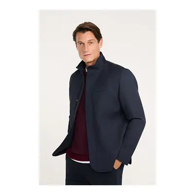 Standart Fit Normal Kesim Dik Yaka Yan Cepli Overcoat Lacivert Mont