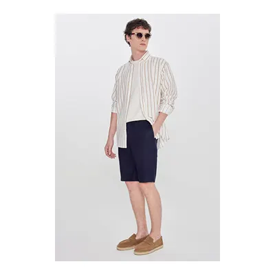 %100 Keten Jogger Slim Fit Dar Kesim Yan Cepli Beli Bağlamalı Lacivert Şort