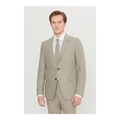 Yünlü Slim Fit Dar Kesim Kırlangıç Yaka Kapak Cepli Esnek Bej Takım Elbise