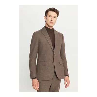 Yünlü Slim Fit Mono Yaka Kapak Cepli Desenli Esnek Kahverengi Takım Elbise