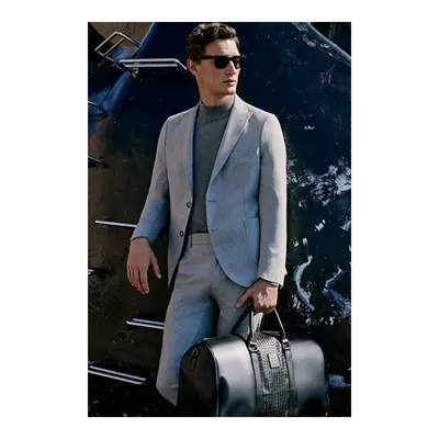Yünlü Slim Fit Dar Kesim Kırlangıç Yaka Esnek Bel Gri Takım Elbise