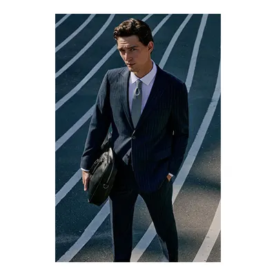 Yünlü Slim Fit Dar Kesim Kırlangıç Yaka Kapak Cepli Çizgili Esnek Lacivert Takım Elbise
