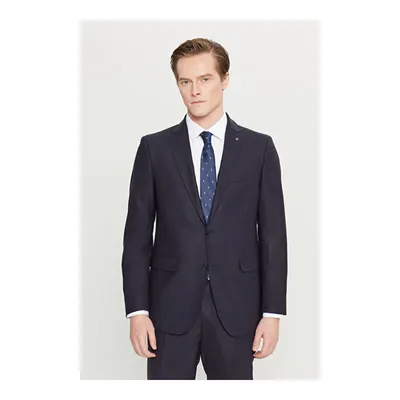 Yünlü Slim Fit Mono Yaka Kapak Cepli Lacivert Takım Elbise