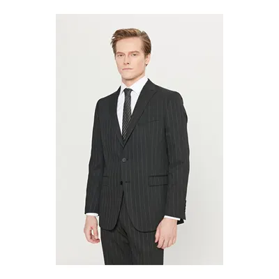 Slim Fit Dar Kesim Kırlangıç Yaka Kapak Cepli Çizgili Esnek Siyah-Gri Takım Elbise