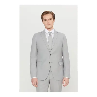 Slim Fit Dar Kesim Mono Yaka Kapak Cepli Armürlü Esnek Açık Gri Takım Elbise