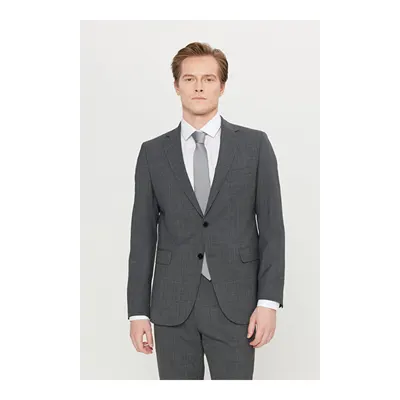 Slim Fit Dar Kesim Mono Yaka Kareli Kapak Cepli Esnek Koyu Gri Takım Elbise