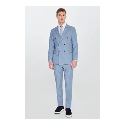 Slim Fit Dar Kesim Kırlangıç Yaka Beli Gizli Lastikli Kapak Cepli Çizgili Kruvaze Mavi Takım Elbise