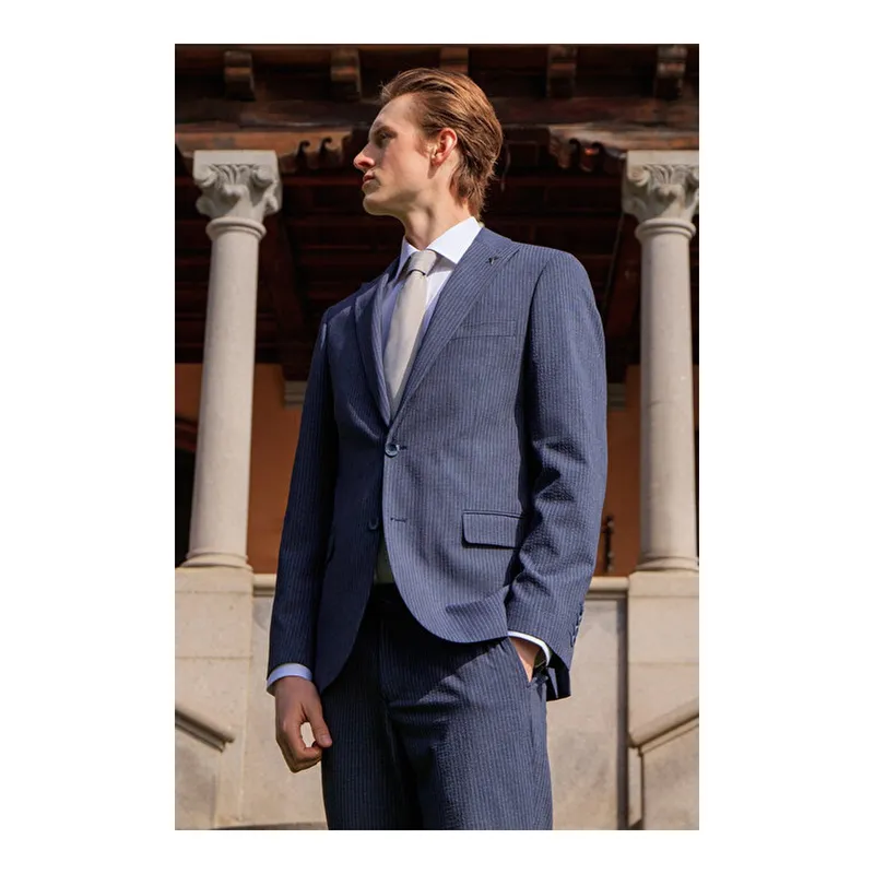 Slim Fit Dar Kesim Kırlangıç Yaka Beli Gizli Lastikli Kapak Cepli Çizgili Gofre Desenli Lacivert Takım Elbise, görsel 1