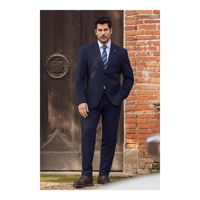 Slim Fit Dar Kesim Kırlangıç Yaka Torba Cepli Çizgili Gofre Desenli Lacivert Takım Elbise