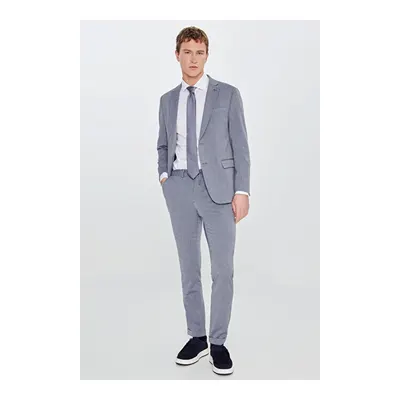 Slim Fit Dar Kesim Mono Yaka Kapak Cepli Gofre Desenli Gri Takım Elbise