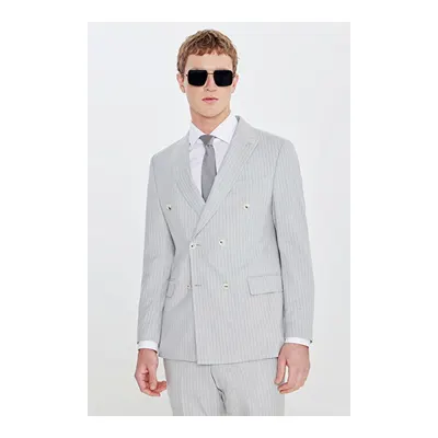 Slim Fit Dar Kesim Kırlangıç Yaka Kapak Cepli Kruvaze Açık Gri Takım Elbise