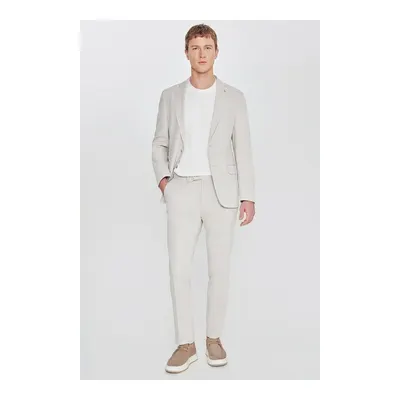 Pamuklu Slim Fit Dar Kesim Mono Yaka Diagonal Desenli Kapak Cepli Bej Takım Elbise