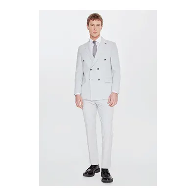 Slim Fit Dar Kesim Kırlangıç Yaka Beli Gizli Lastikli Kapak Cepli Çizgili Gofre Desenli Gri Takım Elbise