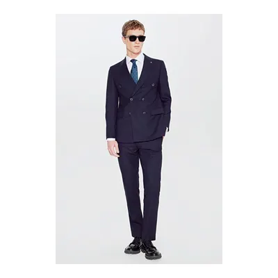 Slim Fit Dar Kesim Mono Yaka Beli Gizli Lastikli Kapak Cepli Ekose Desenli Esnek Lacivert Takım Elbise