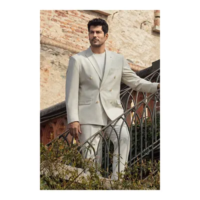 Slim Fit Dar Kesim Kırlangıç Yaka Beli Gizli Lastikli Kapak Cepli Ekose Desenli Kruvaze Bej Takım Elbise