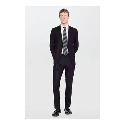 Slim Fit Dar Kesim Kırlangıç Yaka Beli Gizli Lastikli Kapak Cepli Ekose Desenli Siyah Takım Elbise