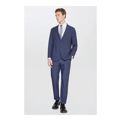 Slim Fit Dar Kesim Mono Yaka Beli Bağlamalı Desenli Torba Cepli Esnek Lacivert Takım Elbise