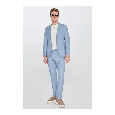 Slim Fit Dar Kesim Mono Yaka Beli Bağlamalı Torba Cepli Çizgili Mavi Takım Elbise