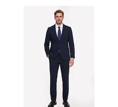 Slim Fit Dar Kesim Mono Yaka Torba Cepli Çizgili Esnek Lacivert Takım Elbise