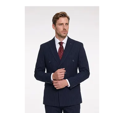 Slim Fit Dar Kesim Kırlangıç Yaka Kapak Cepli Çizgili Gofre Desenli Kruvaze Lacivert Takım Elbise