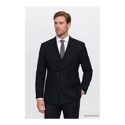 Slim Fit Dar Kesim Kırlangıç Yaka Kapak Cepli Armürlü Kruvaze Siyah Takım Elbise