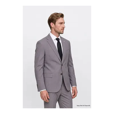 Slim Fit Dar Kesim Mono Yaka Beli Gizli Lastikli Torba Cepli Çizgili Esnek Gri Takım Elbise